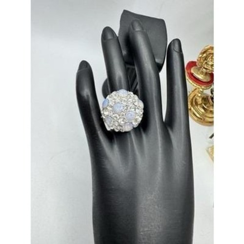 Chunky Ring Domed Moonstones Synthetic & Rhinestones Silver Tone Metal Sz 6.5